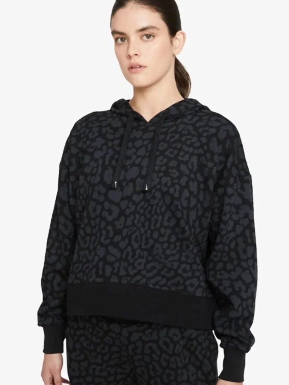 Nike Women’s Get Fit Oversized Training Hoodie Black Leopard Print Size Small